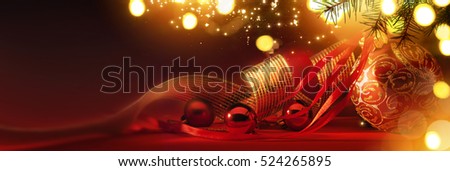 Merry Christmas; Holidays background with Xmas tree decoration on red background and copy space for your text