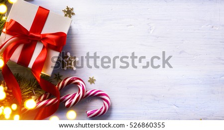 art Christmas holidays composition on white wooden background with Christmas tree decoration and copy space for your text
