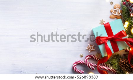 art Christmas holidays composition on white wooden background with Christmas tree decoration and copy space for your text