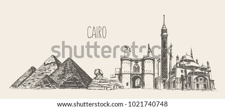 Cairo skyline with its main attractions, Egypt, hand drawn vector illustration, sketch