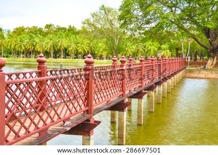 Side view of Ancient design wood bridge in historical national park
