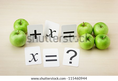 School card and apple with math problems on the table