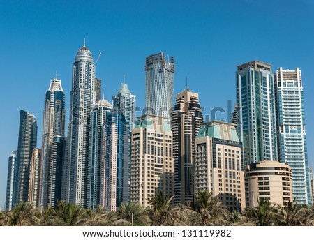 DUBAI, UAE - NOVEMBER 16: Modern buildings in Dubai Marina, on November 16, 2012, Dubai, UAE. In the city of artificial channel length of 3 kilometers along the Persian Gulf.
