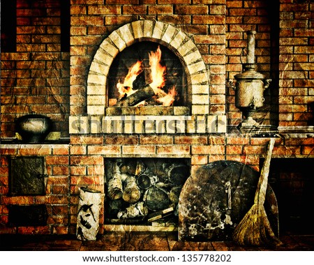 Russian interior kitchen with an oven and a burning fire, covered with texture