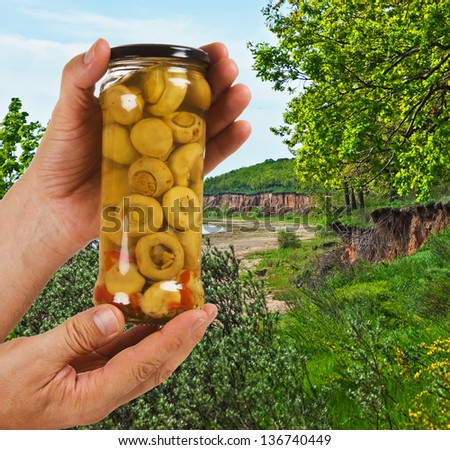 jar of canned mushrooms in hand on a background of the forest