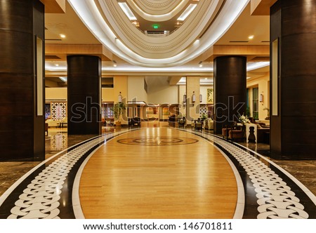 Alanya, Turkey - July 14: Hall Of The Hotel Vikingen Quality Resort. Hotel Has 450 Rooms And 13,000 Square Meters Area On July 14, 2013 In Alanya, Turkey