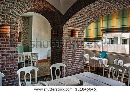 ALANYA, TURKEY - JULY 14: Interior of the restaurant, hotel Vikingen Quality Resort. Hotel has 450 rooms and 13,000 square meters area on July 14, 2013 in Alanya, Turkey