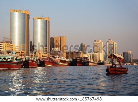 DUBAI, UAE-NOVEMBER 8: Ship in Port Said on November 8, 2013 in Dubai, UAE. The oldest commercial port of Dubai