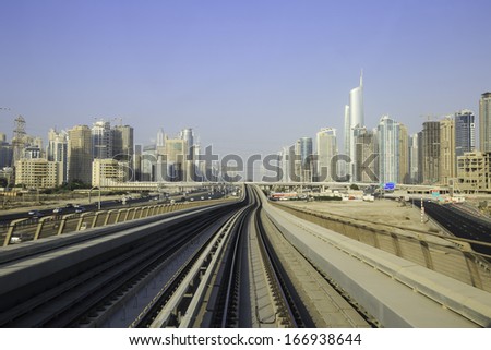 DUBAI, UAE - NOVEMBER 2: Dubai Metro as world\'s longest fully automated metro network (75 km) on November 2, 2013, Dubai, UAE.