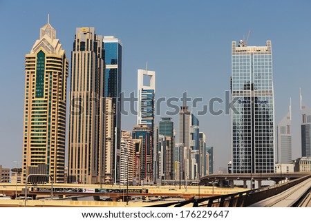 DUBAI, UAE - NOVEMBER 3: Modern buildings in Dubai, on November 3, 2013, Dubai, UAE. Dubai was the fastest developing city in the world between 2002 and 2008.