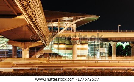 DUBAI, UAE - NOVEMBER 11: Metro subway station at night. Dubai Metro as world\'s longest fully automated metro network (75 km) on November 11, 2013, Dubai, UAE.