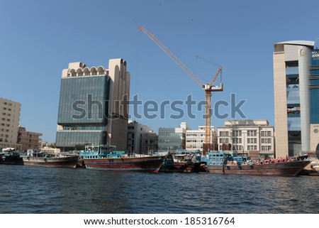 DUBAI, UAE-OCTOBER 30: Ship in Port Saeed on November 30, 2013 in Dubai, UAE. The oldest commercial port of Dubai
