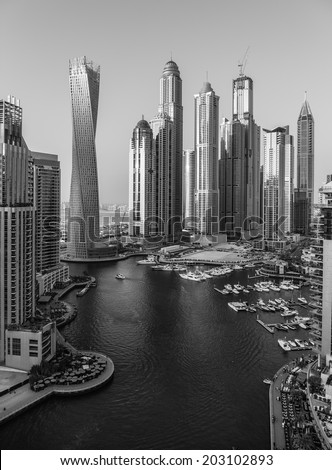 DUBAI, UAE - NOVEMBER 2: Dubai Marina at Dusk from the top, on November 2, 2013, Dubai, UAE. In the city of artificial channel length of 3 kilometers along the Persian Gulf.