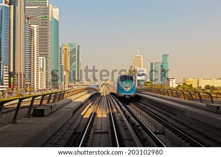 DUBAI, UAE - NOVEMBER 3: Dubai Metro as world\'s longest fully automated metro network (75 km) on November 3, 2013, Dubai, UAE.