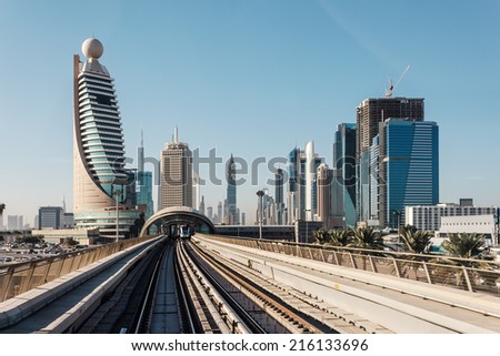 DUBAI, UAE - NOVEMBER 18: Dubai Metro as world\'s longest fully automated metro network (75 km) on November 18, 2012, Dubai, UAE.