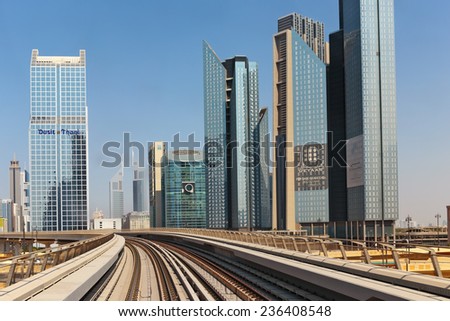 DUBAI, UAE - NOVEMBER 3: Dubai Metro as world\'s longest fully automated metro network (75 km) on November 3, 2013, Dubai, UAE.