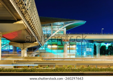 DUBAI, UAE - NOVEMBER 11, 2013: Metro subway station at night. Dubai Metro as world\'s longest fully automated metro network 75 km.
