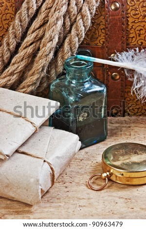 postal parcel, tobacco pipe and inkwell,  still life