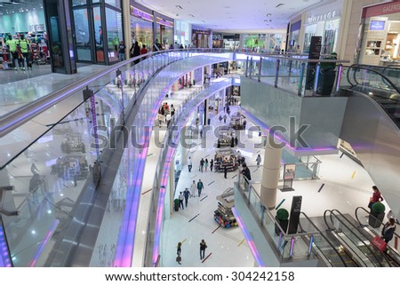 DUBAI, UAE - NOVEMBER 9, 2013: Inside modern luxuty mall . At over 12 million sq ft, it is the world\'s largest shopping mall based on total area.