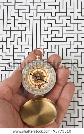 compass in hand on background of the labyrinth