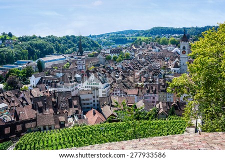 Panoramic view of the old town of Schaffhausen, Switzerland from Munot fortress. Seen are All Saints Abbey and Munster Schaffhausen bell towers.