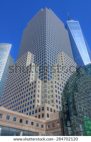 Looking up at the skyscrapers of Battery park city community. The One WTC tower is seen on the right - April 2, 2015, Battery park city, Manhattan, New York City, NY, USA