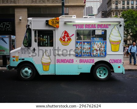 Ice cream truck on a street in New York City - July 15, 2015, 41st Street, Manhattan, New York City, NY, USA