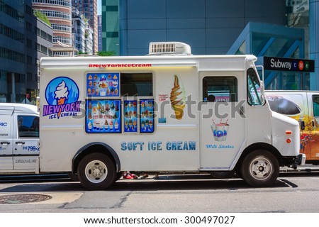 White ice cream truck on a street in New York City - July 10, 2015, Lexington Avenue, New York City, NY, USA