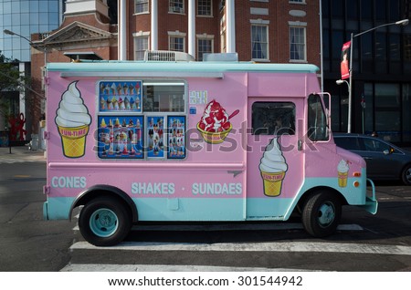 Pink ice cream truck on a street in New York City - July 29, 2015, Battery Plaza, New York City, NY, USA
