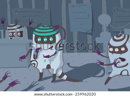 Curious monster having a dangerous experiment in the chemist lab Raster illustration Curious monster having a dangerous experiment in the chemist lab Raster illustration