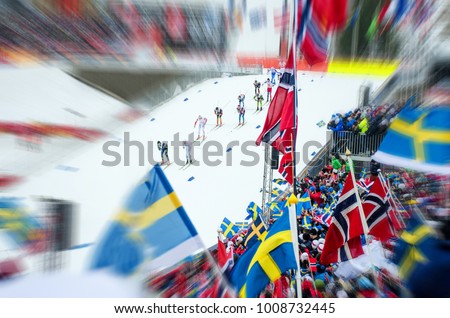 Nordic ski race, professional cross country competition. Fans on stadium. Photo for winter olympic game, Pyeongchang 2018.