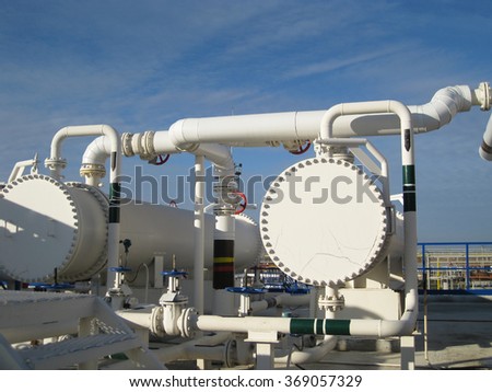Heat exchangers in a refinery. The equipment for oil refining.
