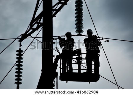 Power line support, insulators and wires. Appearance of a design. Assembly and installation of new support and wires of a power line.