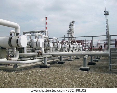 Heat exchangers in a refinery. The equipment for oil refining.