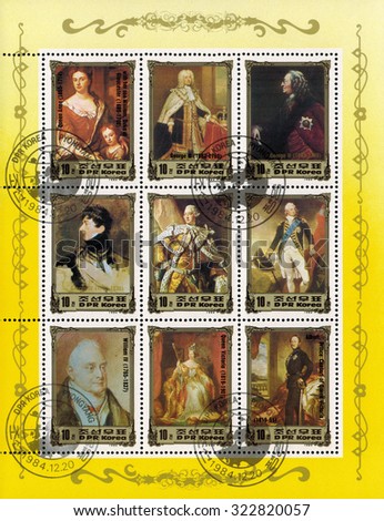 KOREA - CIRCA 1984: mail stamp printed in DPR Korea British monarchical: Queen Anne, George II, George IV, George III, William III, William IV, Queen Victoria, Albert Prince Consort of Queen Victoria