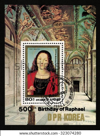 DPR KOREA - CIRCA 1984: mail stamp printed in DPR Korea featuring 500 years since the birth of Raphael, the painting of St. Sebastian and the ceiling vaults painted by the artist, circa 1984