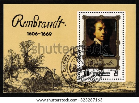 DPR KOREA - CIRCA 1983: mail stamp printed in DPR Korea featuring Rembrandt van Rijn. A reproduction of his portrait, on a background of a fragment of the engraving, circa 1983