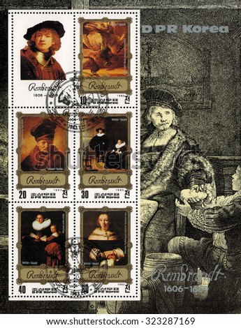 DPR KOREA - CIRCA 1983: mail stamp printed in DPR Korea featuring Rembrandt van Rijn. A reproduction of his self portrait and other famous works, on the background of engraving \