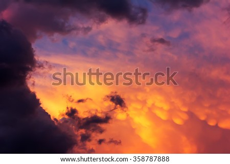 Colorful sunset sky landscape. Shallow depth of field. Copy space. Free space for text,