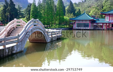 a chinese classical bridge in the lake