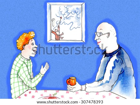 An old man and a young guy are talking in the room. Behind the window is the young man shouting because of the huge avalanche rising quickly. The both don't notice it and thinking tea without concern.