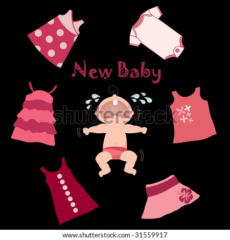Vector illustration of a new crying baby and several pinkish articles of baby clothes on a black background.