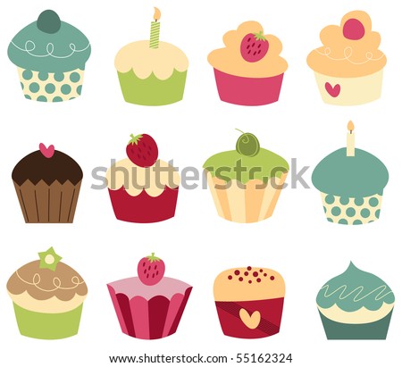 stock vector Set of 12 cute cupcakes