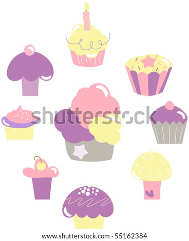 stock vector Set of 9 cute cupcakes in pastel colors