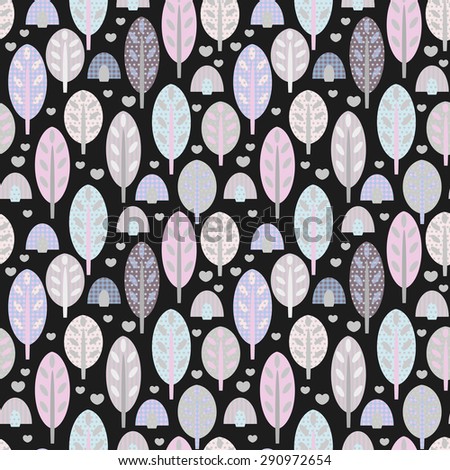 Seamless pattern with trees and hearts. Original background. Wallpaper in the child\'s room. For cards, wrapping paper, packaging, print. Stock raster