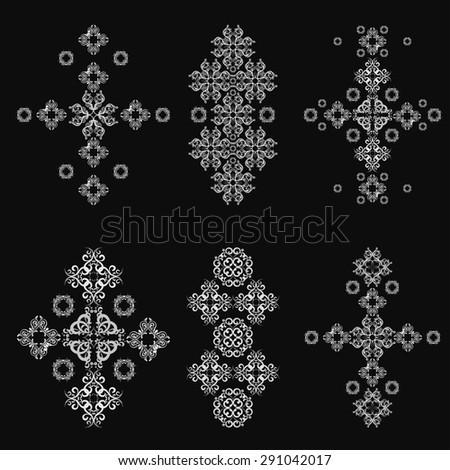 Decorative design elements. Tile. Natural ornament. Black and white background.