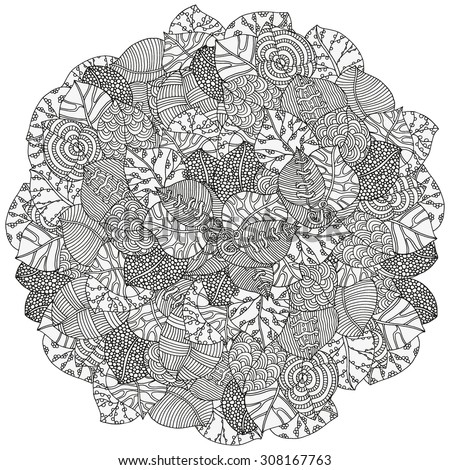 Circle leaf ornament Hand drawn art mandala Made by trace from sketch Ink pen Black and white background Zentangle patters Circle leaf ornament Hand drawn art mandala Made by trace from sketch Ink pen Black and white background Zentangle patters