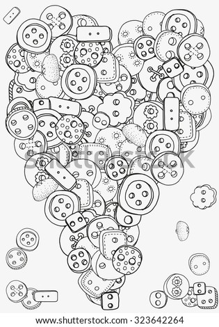 Heart shape pattern with clothes buttons for coloring book. Clothes buttons, hand-drawn decorative elements in vector. Black and white pattern.  Made by trace from sketch. Zentangle