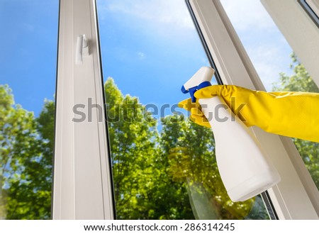 cleaning plastic vinyl window on a background green leaf