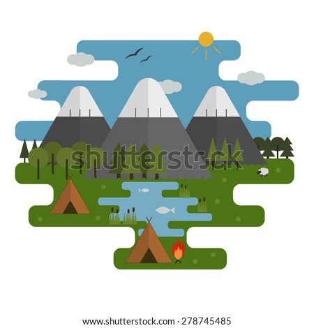 Mountain lake camp ecological landscape in flat design. National park wildlife sanctuary scene summer camping. Vector minimal style illustration.